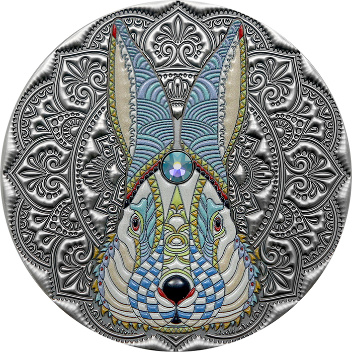 Přední strana Stříbrná mince 2 Oz Mandala - Králík 2023 Antique Standard