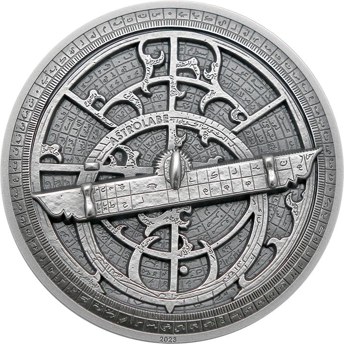 Stříbrná mince Historické přístroje - Astroláb 2 Oz High Relief 2023 Antique Standard
