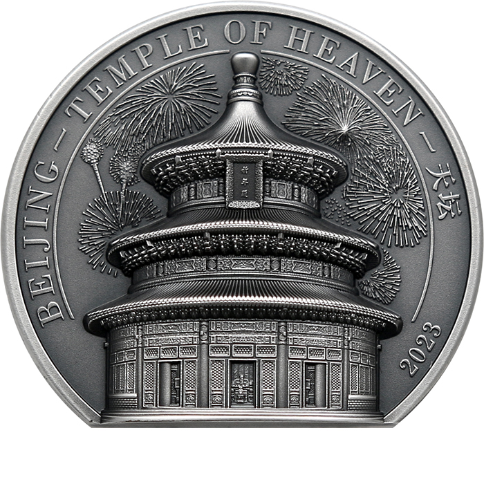 Stříbrná mince 2 Oz Chrám nebes v Pekingu Ultra High Relief 2023 Antique Standard
