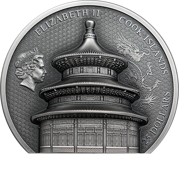 Strieborná minca 5 Oz Chrám nebies v Pekingu Ultra High Relief 2023 Antique Standard