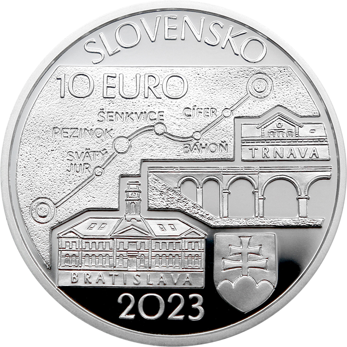 Zadní strana Stříbrná mince Spuštění parního provozu na žel. trati Bratislava - Trnava - 150. výročí 2023 Proof