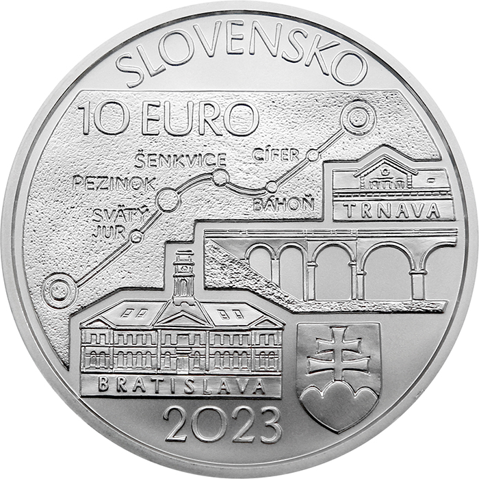 Zadní strana Strieborná minca Spustenie parnej prevádzky na žel. trati Bratislava - Trnava - 150. výročie 2023 Standard