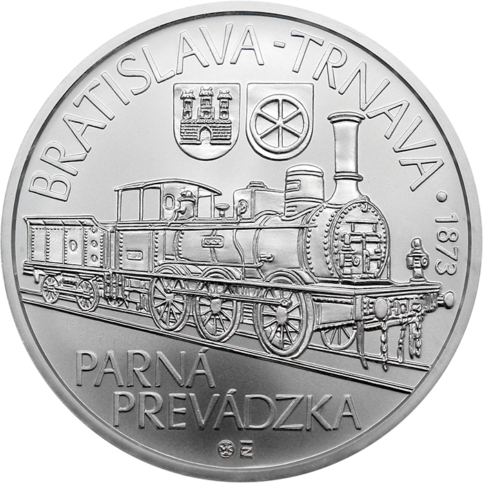 Přední strana Strieborná minca Spustenie parnej prevádzky na žel. trati Bratislava - Trnava - 150. výročie 2023 Standard