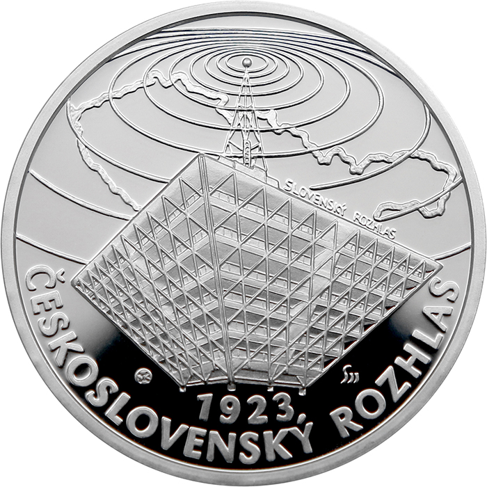 Přední strana Stříbrná mince Začátek pravidelného vysílání čs rozhlasu - 100. výročí 2023 Proof