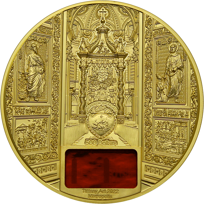 Zadní strana Zlatá mince Tiffany Art - Bazilika svatého Petra ve Vatikánu 5 Oz 2022 Proof