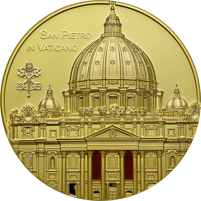 Přední strana Zlatá mince Tiffany Art - Bazilika svatého Petra ve Vatikánu 5 Oz 2022 Proof