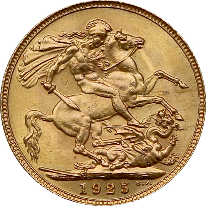 Přední strana Zlatý Sovereign Kráľ Juraj V. 1925