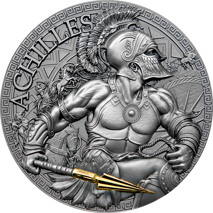 Přední strana Stříbrná mince Velká řecká mytologie - Achilles 2 Oz 2023 Antique Standard