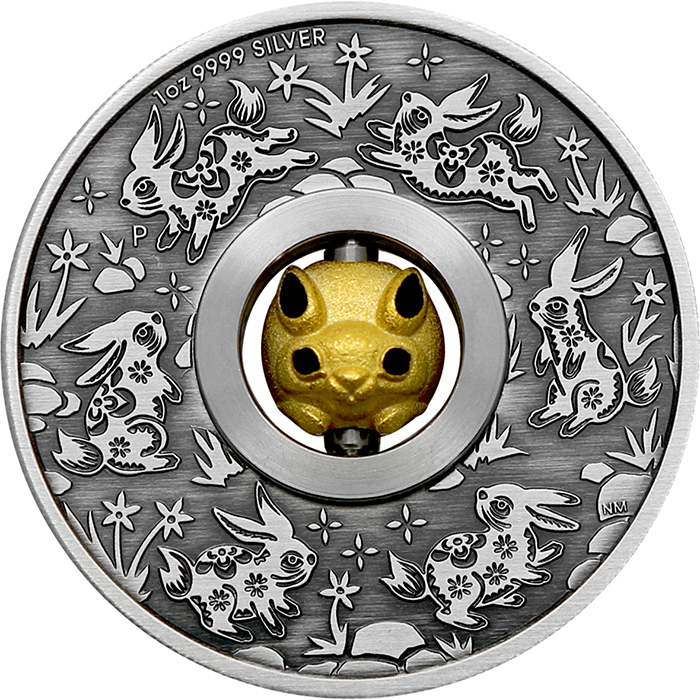 Přední strana Stříbrná mince 1 Oz lunární Králík 2023 Antique Standard