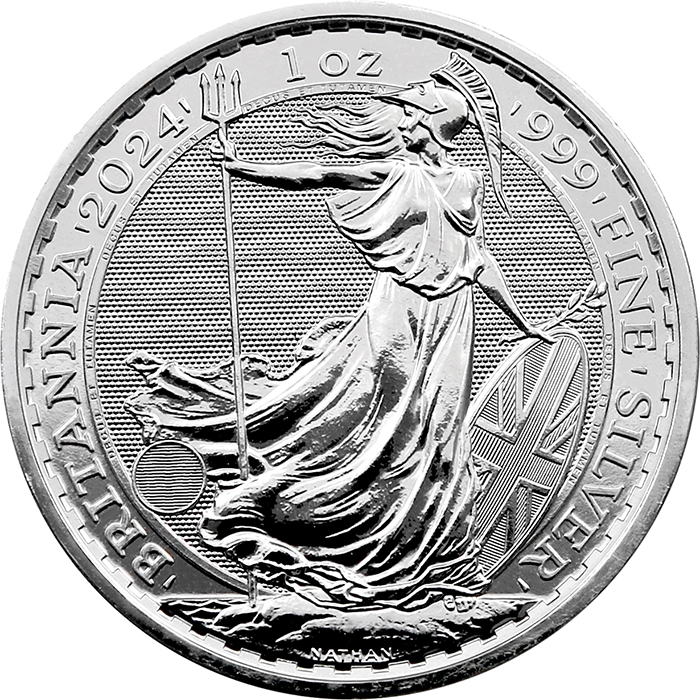 Přední strana Ezüst befektetési érme Britannia 1 Oz King Charles III.