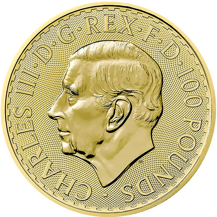 Zadní strana Zlatá investičná minca Britannia 1 Oz Kráľ Karol III.