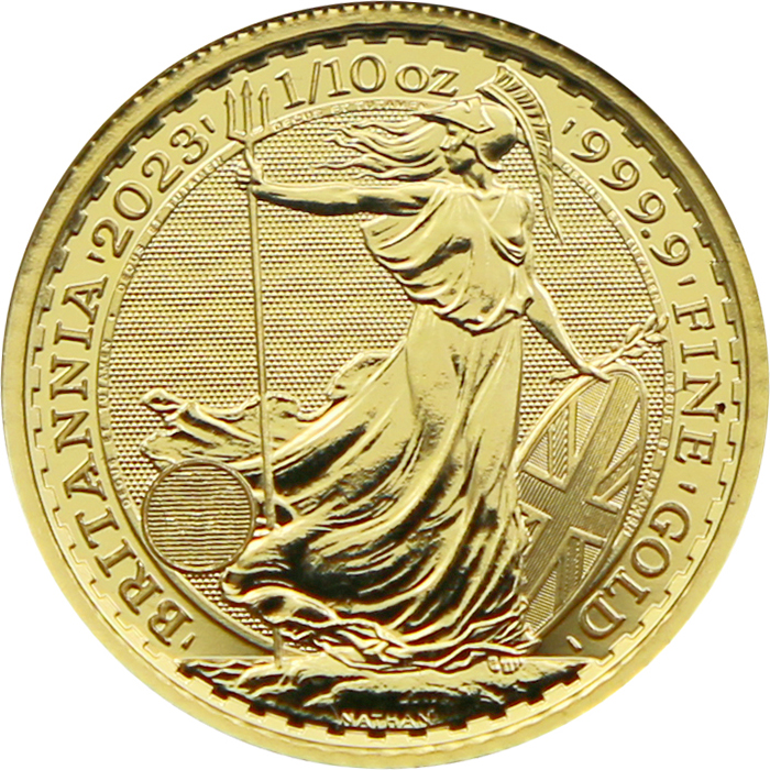 Přední strana Zlatá investiční mince Britannia 1/10 Oz Král Karel III.