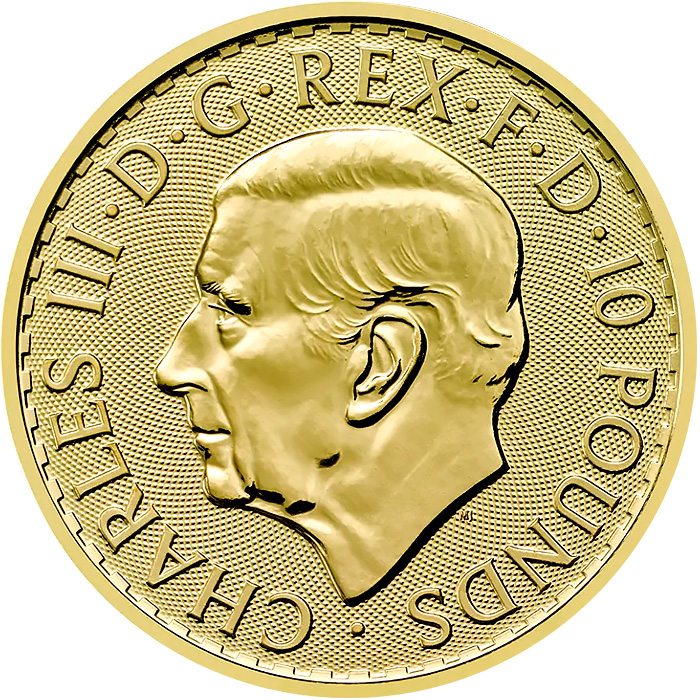 Zadní strana Zlatá investičná minca Britannia 1/10 Oz Kráľ Karol III.