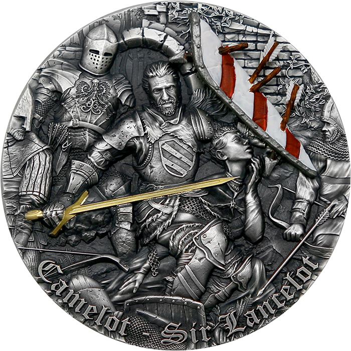 Přední strana Stříbrná mince série Camelot - Sir Lancelot 2 Oz Ultra high relief 2022 Antique Standard