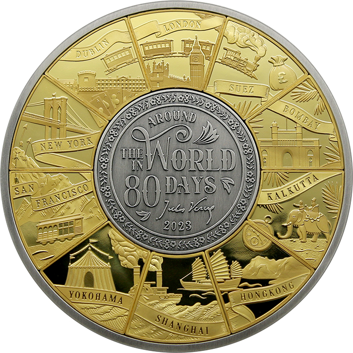 Přední strana Stříbrná pozlacená mince 180 g Kolem světa za 80 dní - 150. výročí 2023 Antique Standard