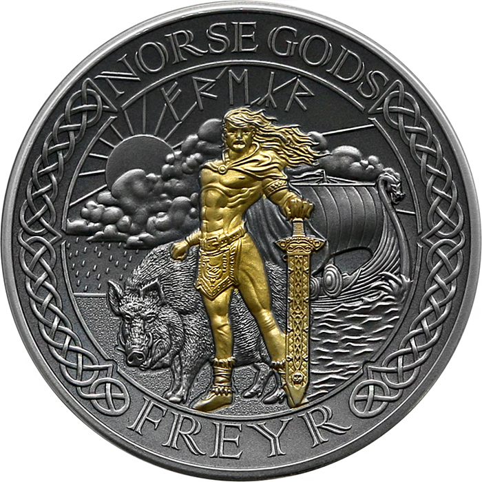 Strieborná pozlátená minca Severskí bohovia - Frey 2 Oz High Relief 2023 Antique Standard