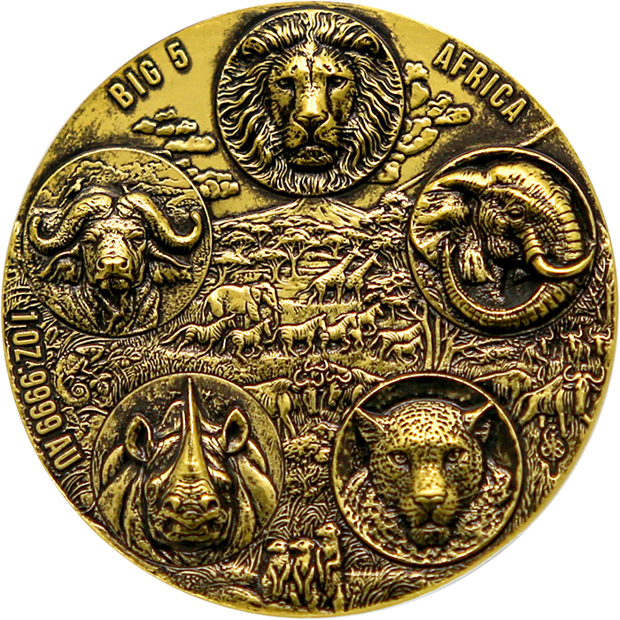 Přední strana Zlatá mince Completer - The African Big Five High Relief 1 Oz 2022 Antique Standard