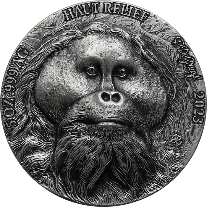 Přední strana Strieborná minca 5 Oz Orangutan - Big Five Asia High Relief 2023 Antique Štandard