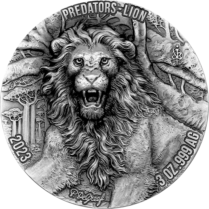 Přední strana Strieborná minca 3 Oz Lev - Predators High Relief 2023 Antique Štandard