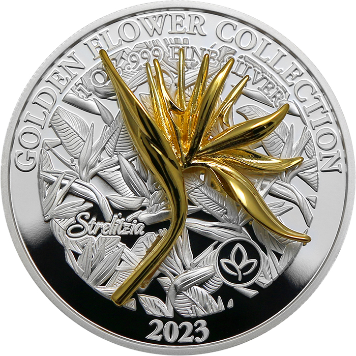 Strieborná minca Golden Flower Collection - zlatá 3D strelícia 1 Oz 2023 Proof