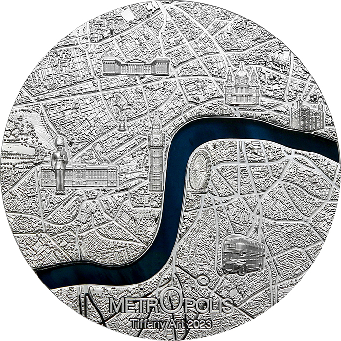 Přední strana Strieborná minca Tiffany Art Metropolis - Londýn 3 Oz 2023 Proof