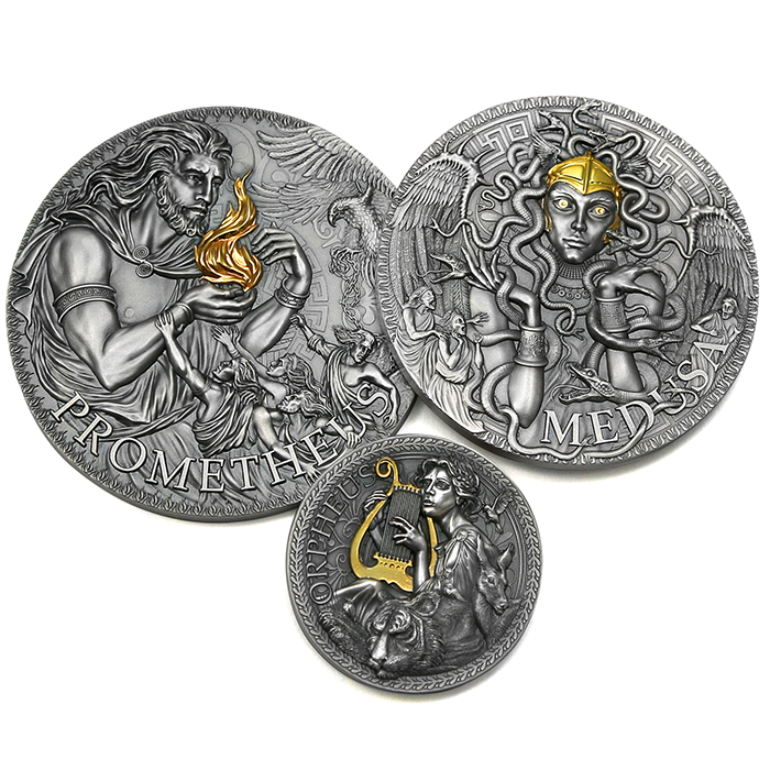 Přední strana Ediční set III. stříbrných mincí série Velká řecká mytologie 2023 Antique Standard