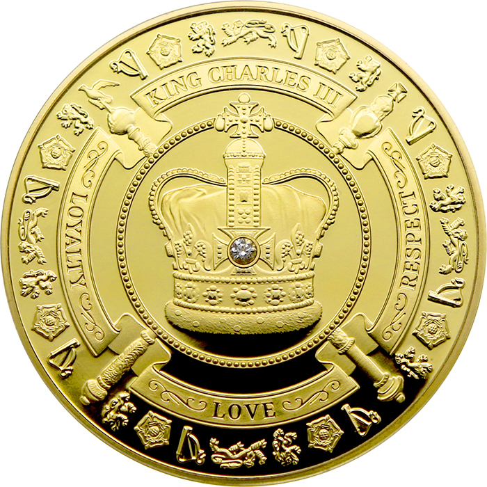 Přední strana Aranyérme III. Károly király koronázása 1 Oz 2023 Proof
