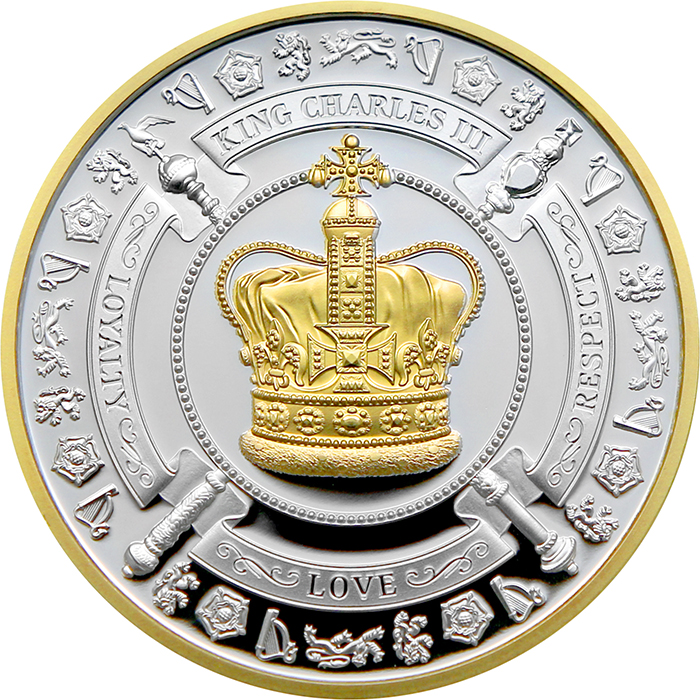 Přední strana Pozlacená stříbrná mince Korunovace krále Karla III. 1 Oz 2023 Proof
