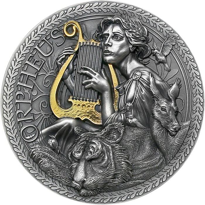 Přední strana Stříbrná mince Velká řecká mytologie - Orfeus 1 Oz 2023 Antique Standard
