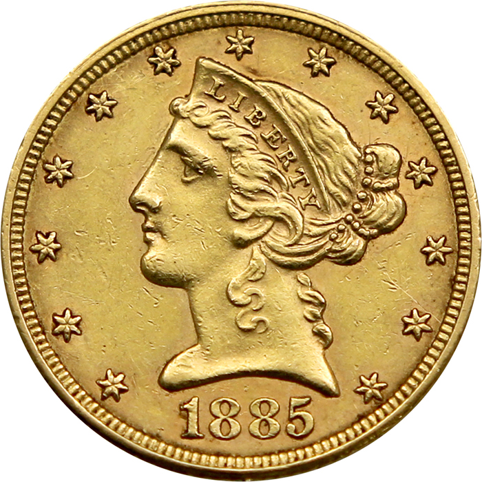 Přední strana Zlatá mince 5 Dolar American Eagle Liberty Head 1885