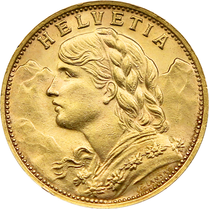 Zlatá mince 20 Frank Helvetia - Vreneli 1927