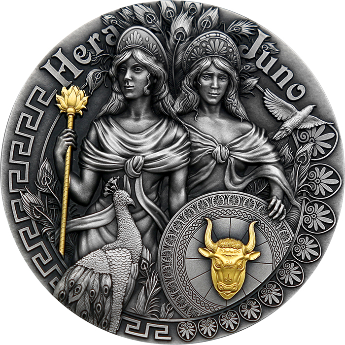 Strieborná pozlátená minca Bohyňa: Hera a Juno 2 Oz High Relief 2022 Antique Standard