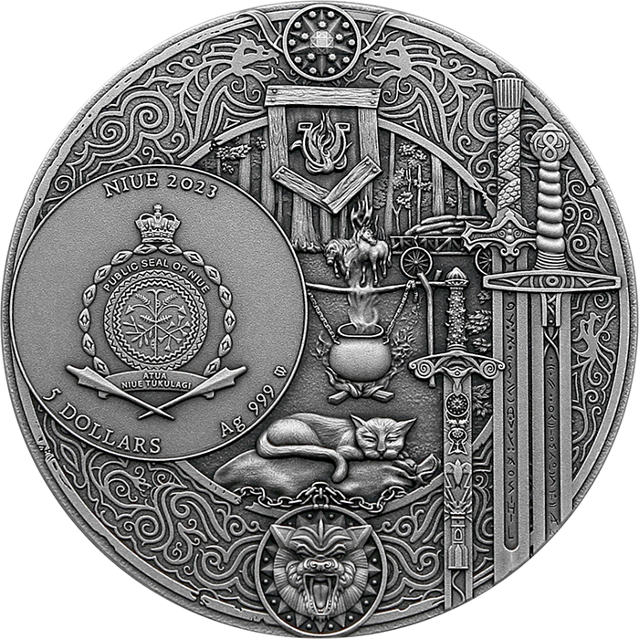 Zadní strana Strieborná minca Zaklínač - Krst ohňom 2 Oz High Relief 2023 Antique Standard