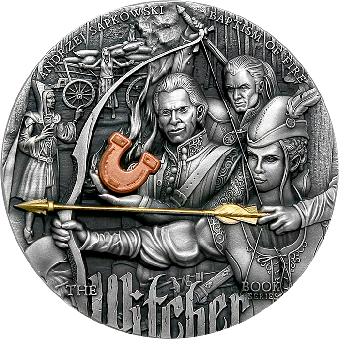 Přední strana Stříbrná mince Zaklínač - Křest ohněm 2 Oz High Relief 2023 Antique Standard