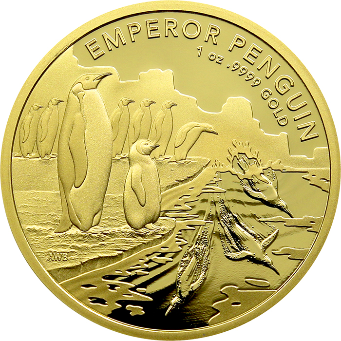 Přední strana Zlatá investiční mince Australian Antarctic Territory - Emperor Penguin 1 Oz 2023