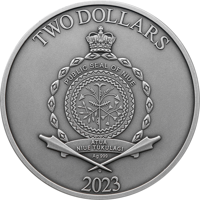 Zadní strana Strieborná minca Kalendár Mayov 2 Oz High Relief 2023 Antique Standard