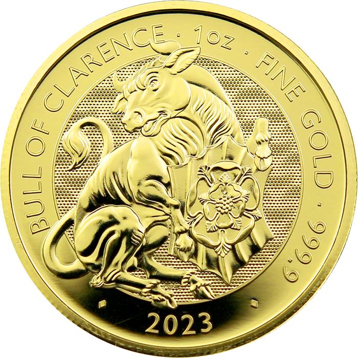 Přední strana Zlatá investiční mince The Royal Tudor Beasts - The Bull of Clarence 1 Oz 2023