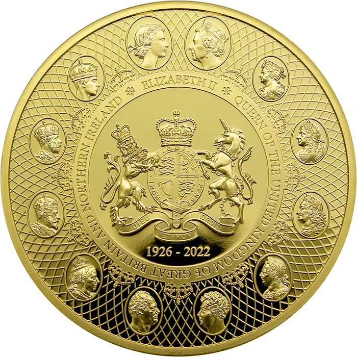 Přední strana Zlatá mince 5 Oz Královna Alžběta II. - konec jedné éry 2022 Proof