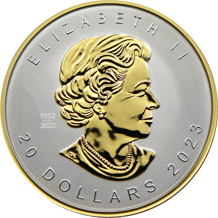 Zadní strana Stříbrná pozlacená mince Maple Leaf 1 Oz - Ultra high relief 2023 Proof