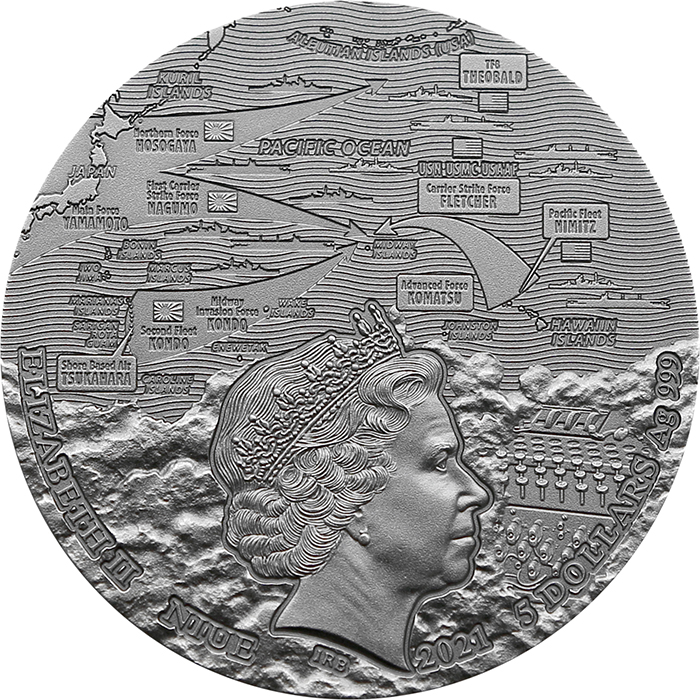 Stříbrná mince Námořní bitvy - Bitva o Midway 2 Oz High Relief 2021 Antique Standard