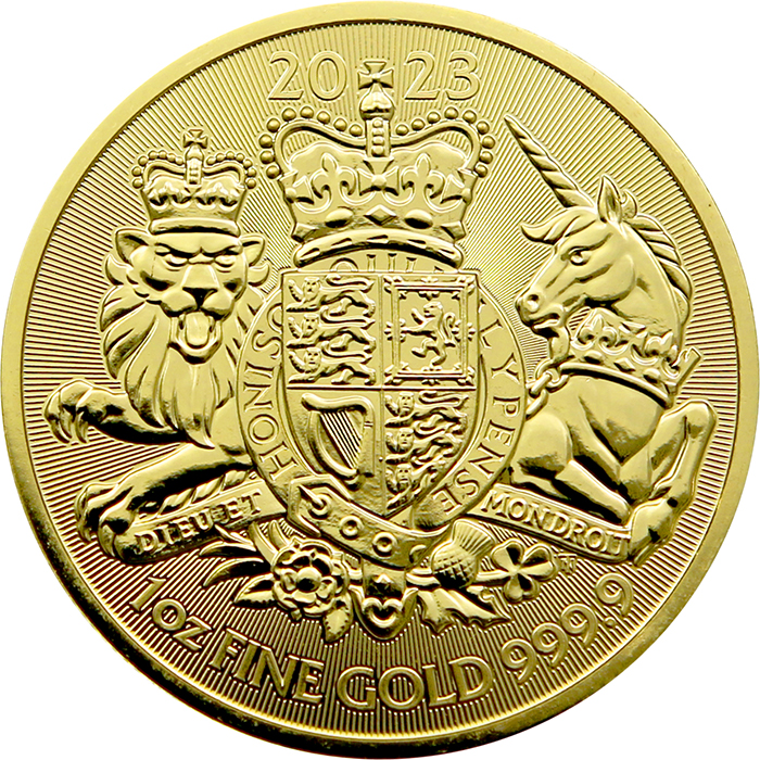Přední strana Arany befektetési aranyérme Royal Arms 1 Oz 2023