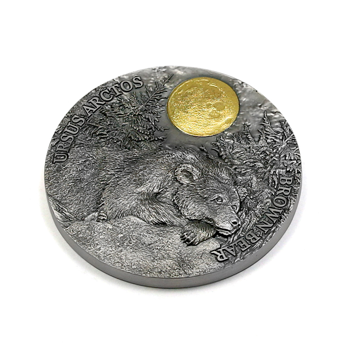 Strieborná pozlátená minca 2 Oz Medveď hnedý 2023 Antique Standard
