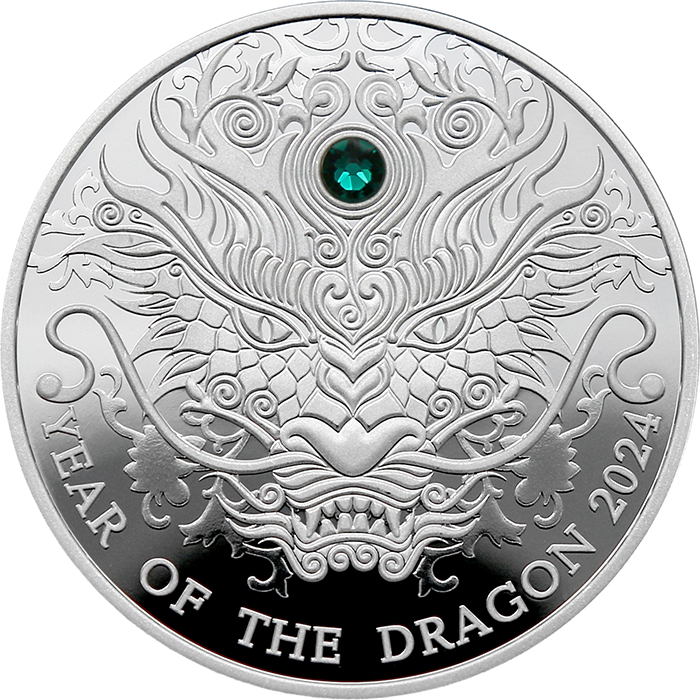 Přední strana Strieborná minca Year of the Dragon - Rok draka 2024 Kryštál Swarovski Proof