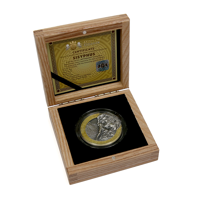 Stříbrná pozlacená mince Mytologie - Sisyfos High Relief 2 Oz 2022 Antique Standard