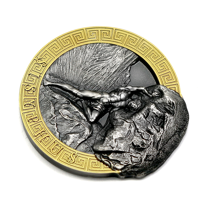 Stříbrná pozlacená mince Mytologie - Sisyfos High Relief 2 Oz 2022 Antique Standard