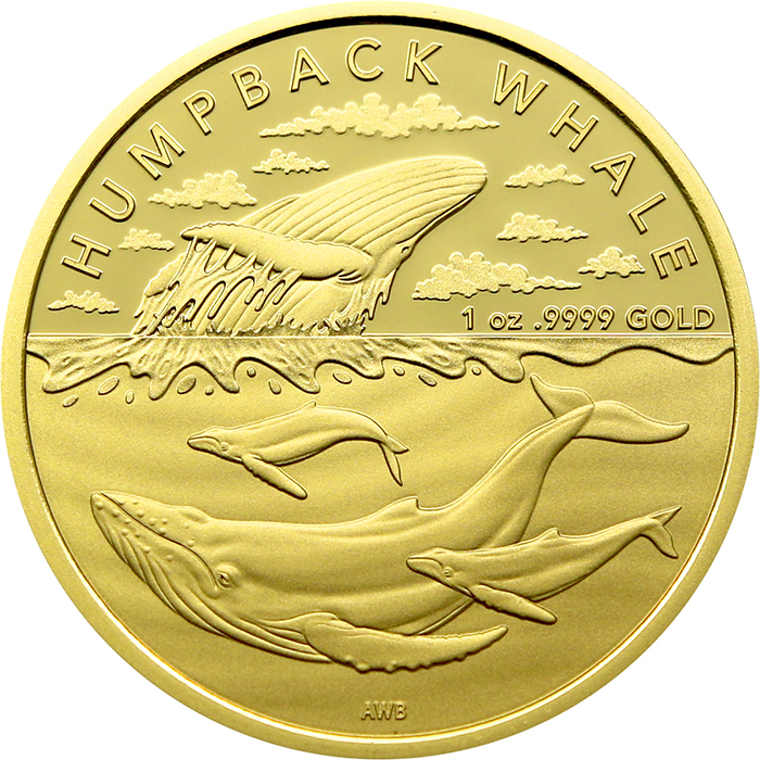 Přední strana Zlatá investiční mince Australian Antarctic Territory - Humpback Whale 1 Oz 2023