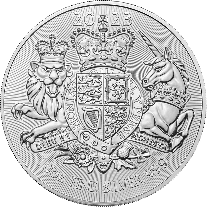 Přední strana Stříbrná investiční mince Royal Arms 10 Oz 2023