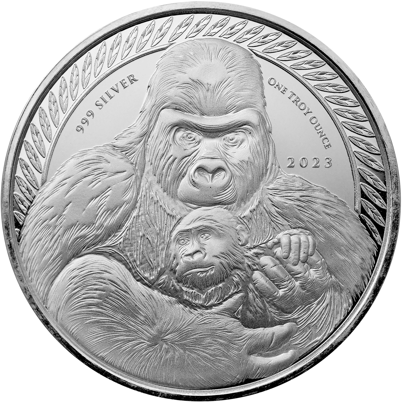 Přední strana Stříbrná investiční mince Kongo Gorila 1 Oz 2023