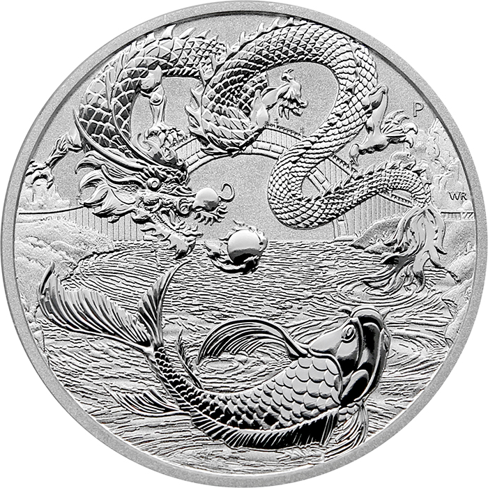 Stříbrná investiční mince Čínské mýty a legendy - Drak a Koi 1 Oz 2023