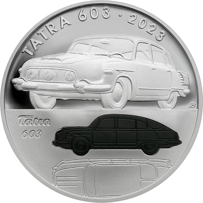 Zadní strana Set of silver coin and medal Tribute to CNB Luboš Charvát with motif of Tatra 603 2023 Proof